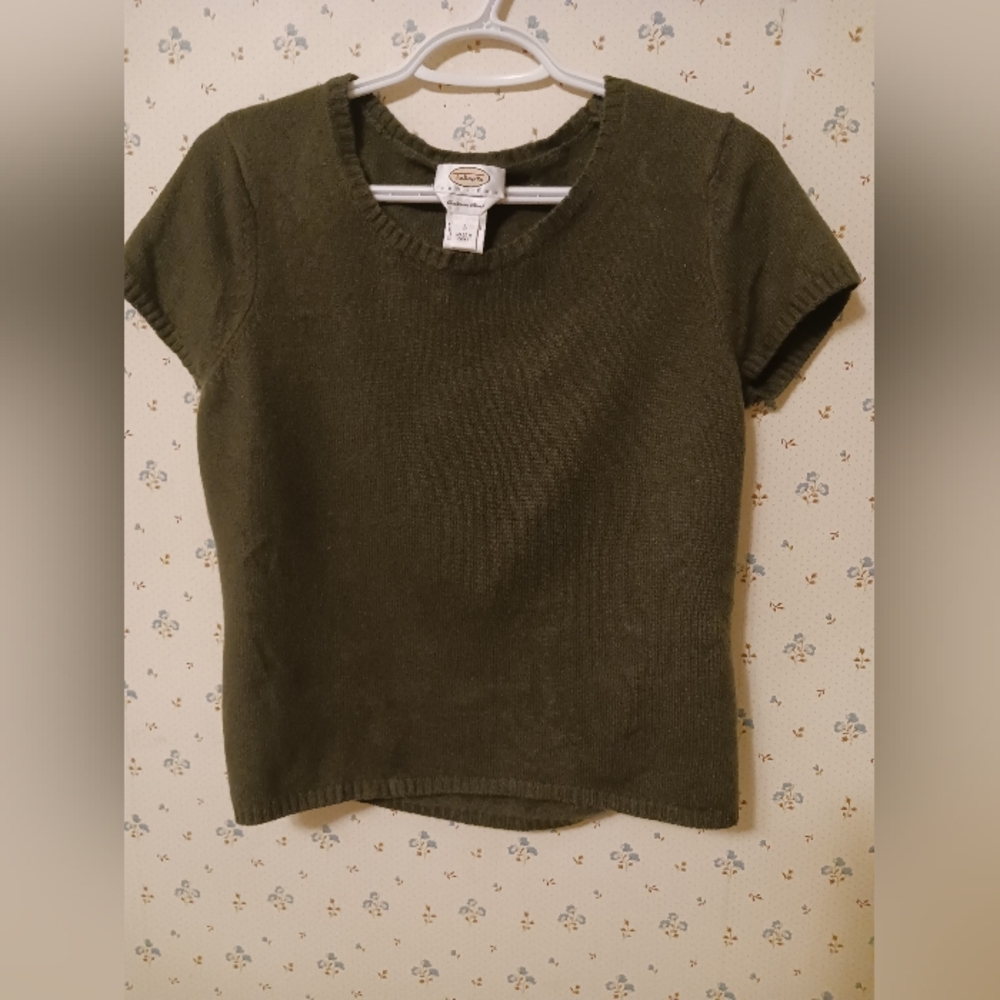 TALBOTS Petites woman's dark green merino wool blend cap sleeves sweater Size L